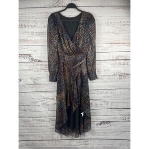 Express Dress Women's Small Black Print Wrap V Neck Long Sleeve Midi Dressy